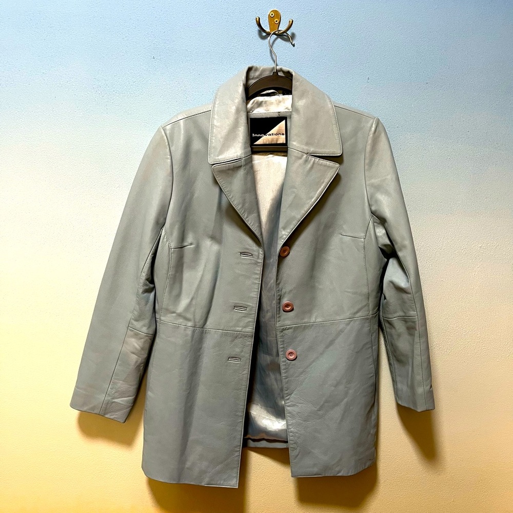 baby blue super soft leather coat